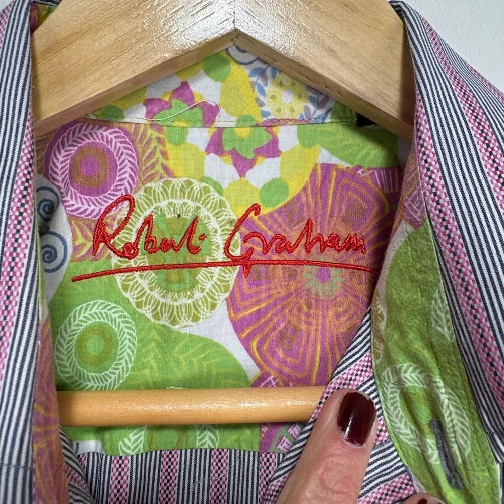 Robert Graham Flip Cuff Button Shirt Men Medium Gray Pink Striped Cotton Floral - Picture 3 of 11